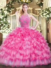  Hot Pink Zipper Halter Top Beading and Ruffled Layers Quinceanera Dresses Tulle Sleeveless