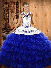 Best Royal Blue Organza Lace Up Quinceanera Dresses Sleeveless Floor Length Embroidery and Ruffled Layers