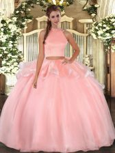  Halter Top Sleeveless Quinceanera Dresses Floor Length Beading Pink Organza