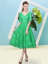  V-neck Half Sleeves Lace Up Dama Dress Turquoise Lace