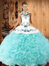  Fabric With Rolling Flowers Sleeveless Floor Length 15th Birthday Dress and Embroidery
