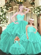  Sweetheart Sleeveless Quinceanera Gown Floor Length Lace and Ruffled Layers Aqua Blue Organza
