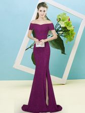  Purple Sequined Zipper Evening Dress Short Sleeves Sweep Train Sequins