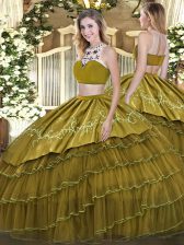 Cheap Floor Length Olive Green Quinceanera Dresses Tulle Sleeveless Beading and Embroidery and Ruffled Layers