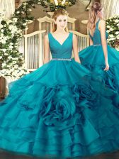  Floor Length Teal Vestidos de Quinceanera Fabric With Rolling Flowers Sleeveless Beading