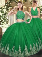  Dark Green Zipper High-neck Beading and Ruffles Quinceanera Gowns Tulle Sleeveless