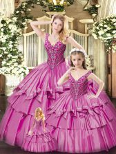  Fuchsia Ball Gowns Organza V-neck Sleeveless Beading and Ruffled Layers Floor Length Lace Up Sweet 16 Quinceanera Dress