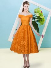  Orange Red Empire Bowknot Damas Dress Lace Up Lace Cap Sleeves Tea Length