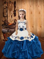  Blue Sleeveless Embroidery and Ruffles Floor Length Glitz Pageant Dress