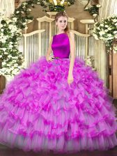Superior Fuchsia Scoop Neckline Ruffled Layers Sweet 16 Dresses Sleeveless Clasp Handle