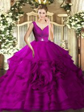 Custom Designed Sleeveless Floor Length Beading and Ruching Backless Vestidos de Quinceanera with Fuchsia