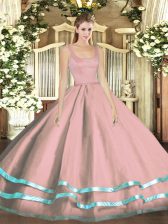  Pink Tulle Zipper Straps Sleeveless Floor Length Vestidos de Quinceanera Ruffled Layers