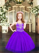 Top Selling Purple Lace Up Spaghetti Straps Beading Kids Formal Wear Tulle Sleeveless