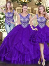 High End Sleeveless Tulle Floor Length Lace Up Quinceanera Gown in Purple with Beading and Ruffles