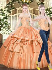  Orange Red Organza Lace Up Off The Shoulder Sleeveless Floor Length Vestidos de Quinceanera Beading and Ruffled Layers