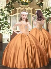  Rust Red Sleeveless Floor Length Beading Lace Up Pageant Gowns For Girls
