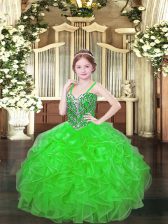  Ball Gowns Organza Spaghetti Straps Sleeveless Beading and Ruffles Floor Length Lace Up High School Pageant Dress