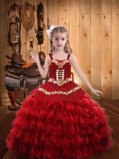Sweet Straps Sleeveless Little Girl Pageant Gowns Floor Length Embroidery and Ruffled Layers Red Organza