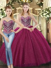  Fuchsia Lace Up Sweetheart Beading Quinceanera Dress Tulle Sleeveless