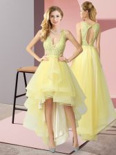  Yellow Tulle Backless Dama Dress Sleeveless High Low Beading and Lace