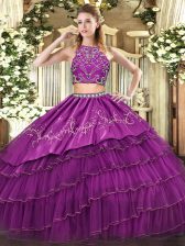  Burgundy Tulle Zipper High-neck Sleeveless Floor Length Ball Gown Prom Dress Beading and Embroidery and Ruffled Layers