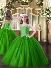  Ball Gowns Little Girls Pageant Dress Green Straps Tulle Sleeveless Floor Length Lace Up