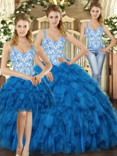 Eye-catching Three Pieces Ball Gown Prom Dress Blue Straps Organza Sleeveless Floor Length Lace Up