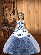  Multi-color Fabric With Rolling Flowers Lace Up Straps Sleeveless Floor Length Little Girls Pageant Gowns Embroidery