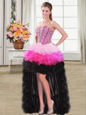  Sweetheart Sleeveless Prom Gown High Low Beading and Ruffles Multi-color Organza