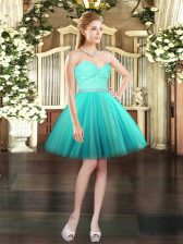  Aqua Blue Ball Gowns Sweetheart Sleeveless Tulle Mini Length Lace Up Beading and Lace Dress for Prom
