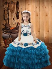 Admirable Organza Straps Sleeveless Lace Up Embroidery and Ruffled Layers Little Girl Pageant Gowns in Teal 