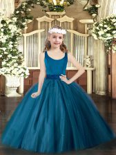  Floor Length Teal Kids Formal Wear Tulle Sleeveless Beading