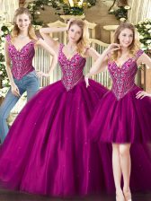 Affordable Sleeveless Floor Length Beading Lace Up Quince Ball Gowns with Fuchsia