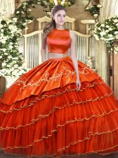  Floor Length Orange Red Ball Gown Prom Dress High-neck Sleeveless Criss Cross