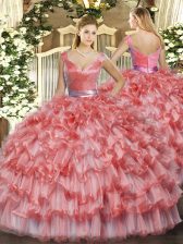 Popular Watermelon Red Ball Gowns Ruffled Layers Sweet 16 Dresses Zipper Organza Sleeveless Floor Length