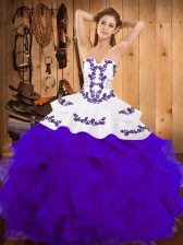 Wonderful Strapless Sleeveless Satin and Organza Quinceanera Gowns Embroidery and Ruffles Lace Up