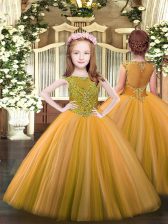  Tulle Scoop Sleeveless Zipper Beading Child Pageant Dress in Orange