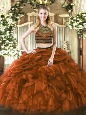 Eye-catching Brown Two Pieces Beading and Ruffles 15th Birthday Dress Zipper Tulle Sleeveless Floor Length