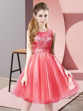 Fantastic Coral Red A-line Tulle Scoop Sleeveless Beading Knee Length Zipper Homecoming Dress