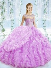Delicate Lilac Ball Gowns Sweetheart Sleeveless Organza Brush Train Lace Up Beading and Ruffles Vestidos de Quinceanera