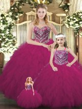 Popular Fuchsia Organza Lace Up Sweetheart Sleeveless Floor Length Ball Gown Prom Dress Beading and Ruffles