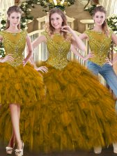 High Class Scoop Sleeveless Zipper Sweet 16 Dresses Brown Tulle