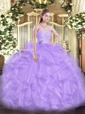  Lavender Organza Lace Up Vestidos de Quinceanera Sleeveless Floor Length Beading and Ruffles