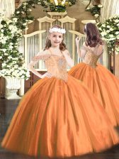  Sleeveless Floor Length Beading Lace Up Little Girl Pageant Dress with Rust Red