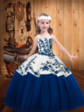 Trendy Blue Tulle Lace Up Evening Gowns Sleeveless Floor Length Embroidery