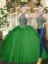 Fashionable Beading and Ruffles Sweet 16 Dress Dark Green Lace Up Sleeveless Floor Length