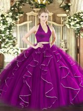  Floor Length Two Pieces Sleeveless Purple Ball Gown Prom Dress Zipper