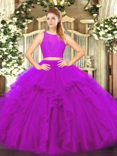 Luxury Fuchsia Tulle Zipper Scoop Sleeveless Floor Length Sweet 16 Quinceanera Dress Ruffles