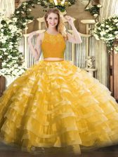  Floor Length Gold 15th Birthday Dress Scoop Sleeveless Zipper