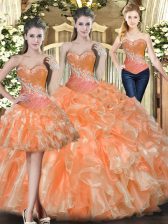 Dynamic Orange Red Lace Up 15 Quinceanera Dress Beading and Ruffles Sleeveless Floor Length